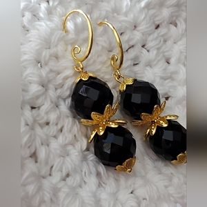 Vintage black Tourmaline onyx Beaded earrings gold gemstones Handmade Artisan